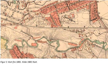 Kart over området fra 1881 da kun Hovedbanen gikk her, men med husene på Hylla