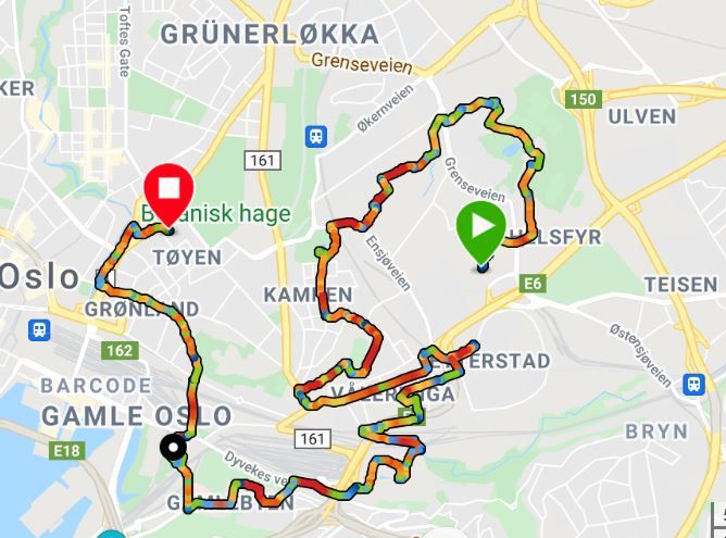 Her er sykkelruta for turen rundt i Gamle Oslo 30.08.2021 - fra Fyrstikktorget til Rudolf Nilsens plass