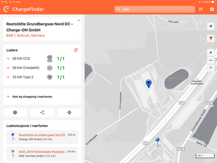 ChargeFinder-appen ga god oversikt over ladestasjonene i alle landene vi var innom